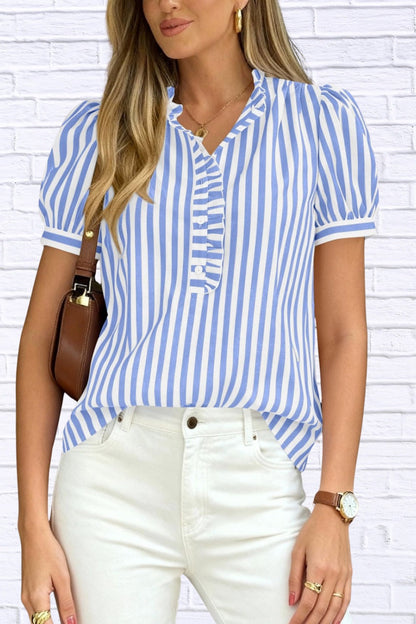 Frill Striped Puff Sleeve Blouse | Chic Women’s Top