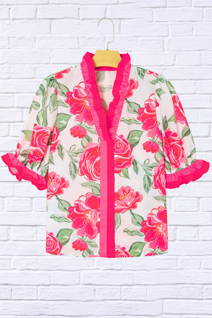 Floral Frilled V-Neck Short Sleeve Blouse