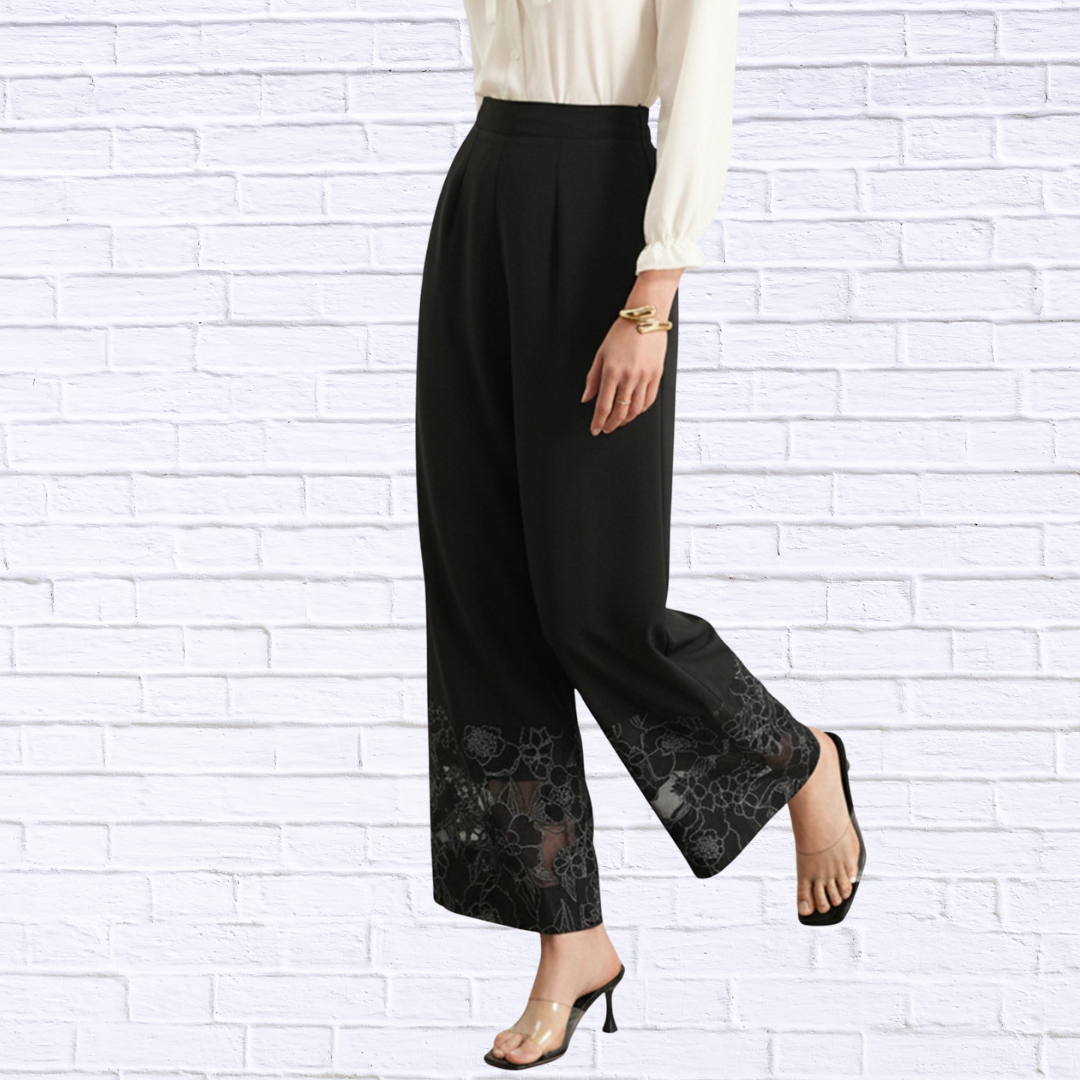Floral Lace Hem Wide Leg Pants