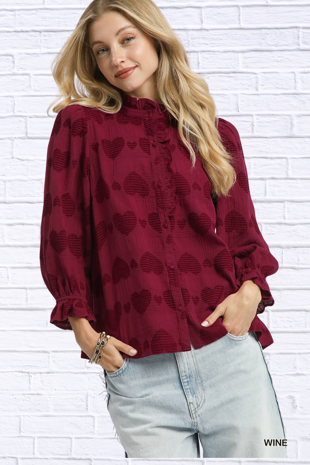 Heart Jacquard Ruffle Trim Shirt
