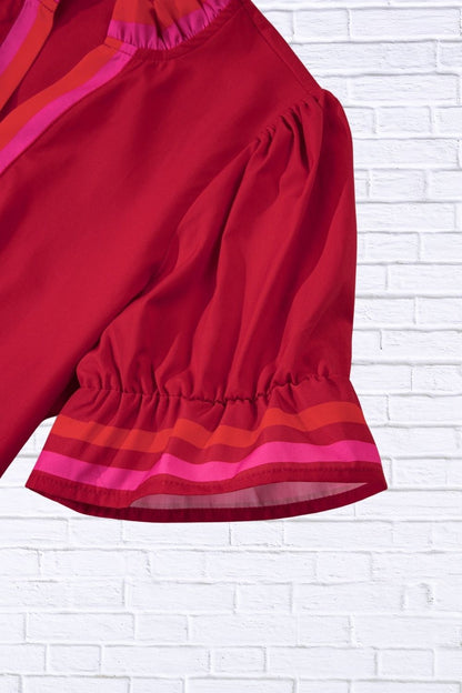 Ruffled Sleeve Notched Blouse with Striped Detail for Women