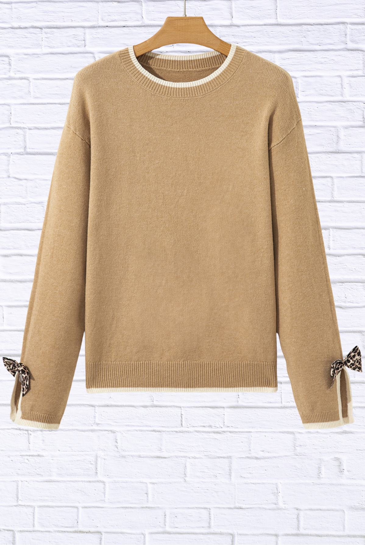 Leopard Bow Decor Split Cuff Contrast Trim Sweater