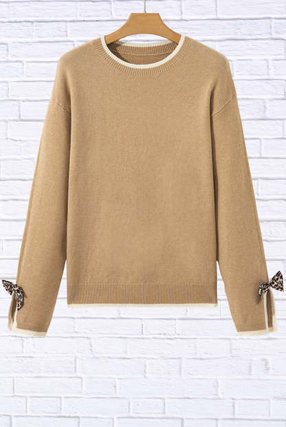 Leopard Bow Decor Split Cuff Contrast Trim Sweater