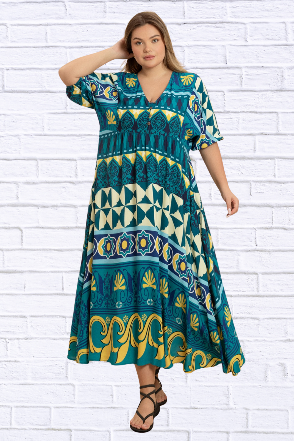 Plus Size Printed V-Neck Half Sleeve Midi Dress