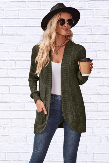 Ribbed Open Front Long Cardigan with Pockets