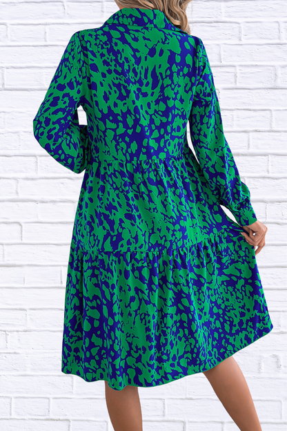 Printed Collared Neck Buttoned Tiered Long Sleeve Dress