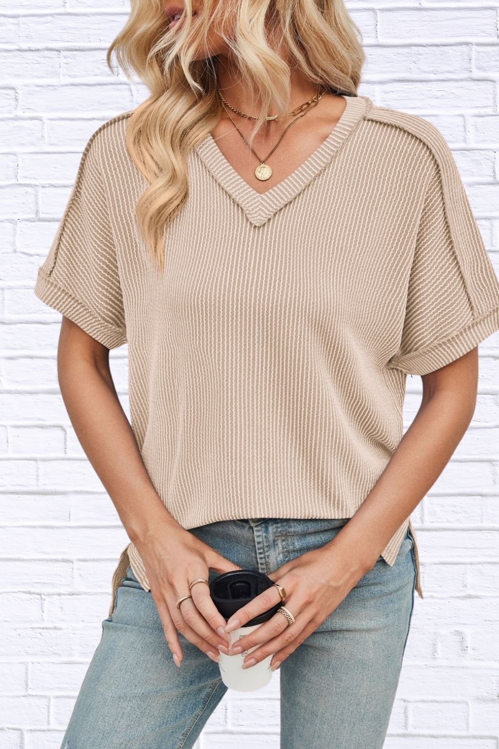 Cord Ribbed V-Neck Short Sleeve T-Shirt for Women