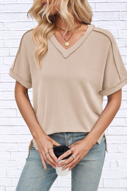 Cord Ribbed V-Neck Short Sleeve T-Shirt for Women