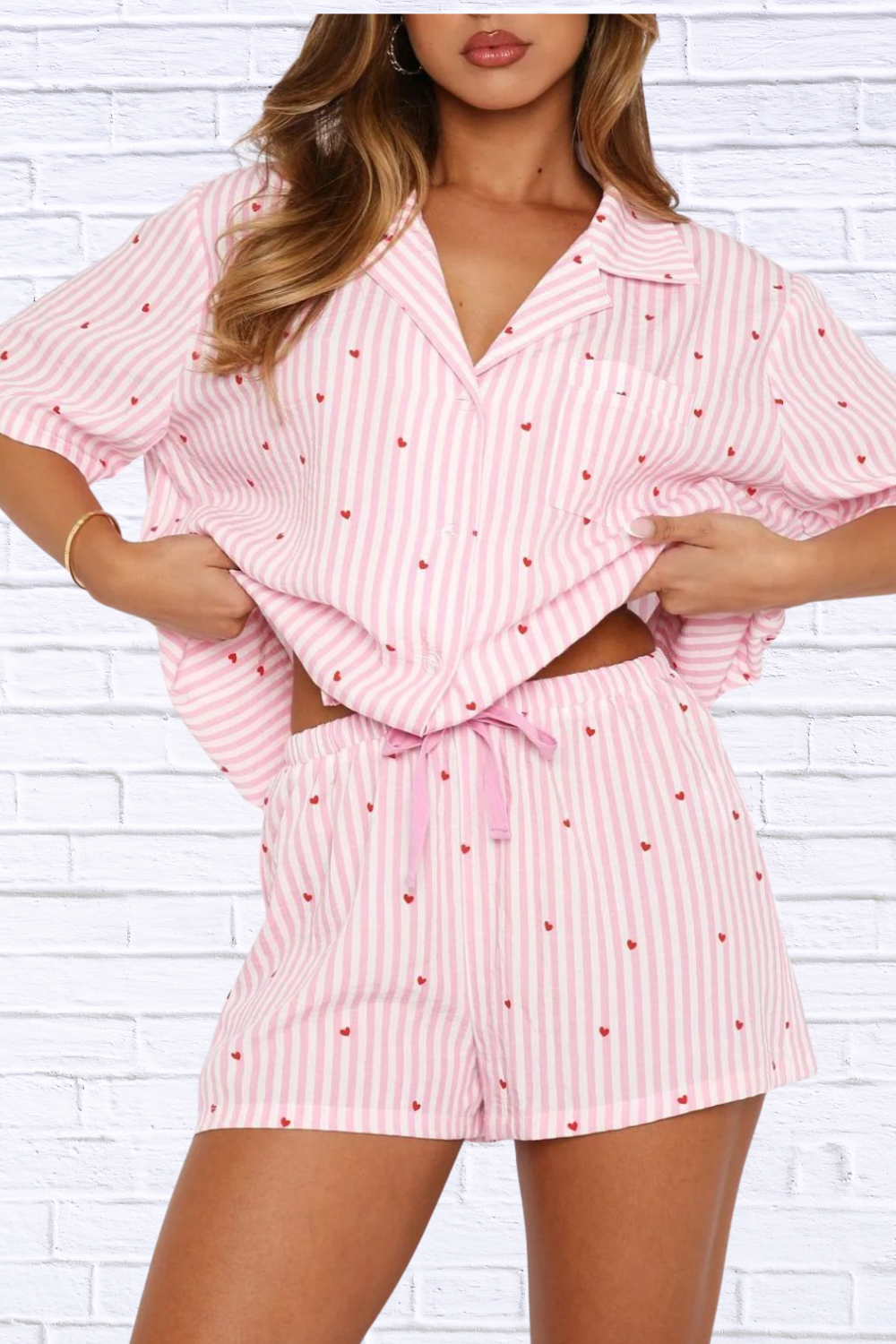 Valentine's Day Printed Collared Neck Short Sleeve Top and Shorts Set