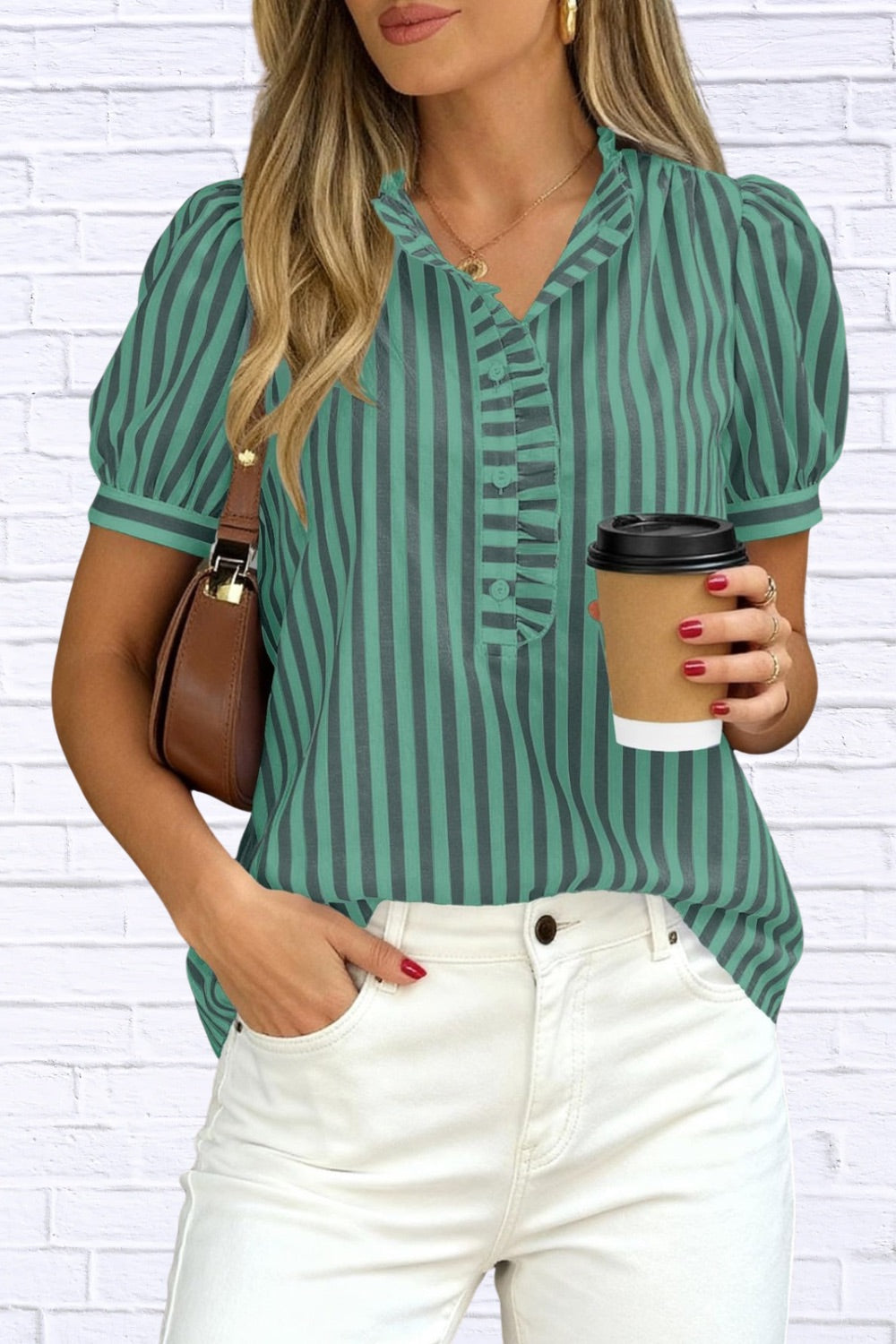 Frill Striped Puff Sleeve Blouse | Chic Women’s Top