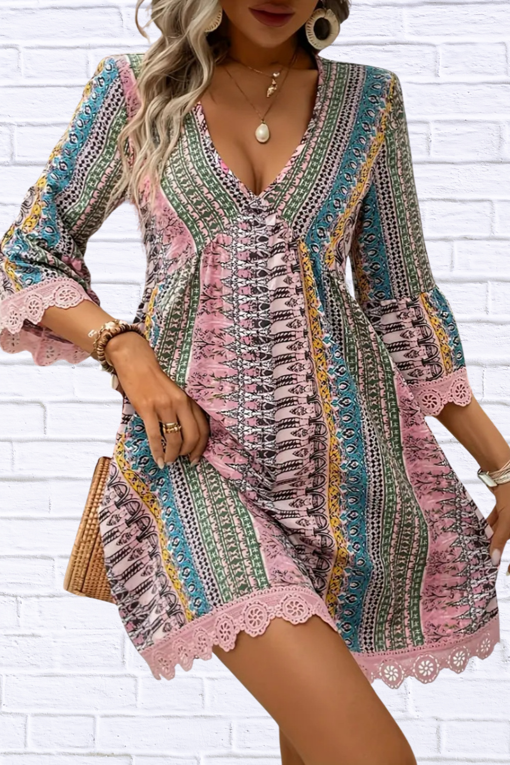 Lace Trim Printed V-Neck 3/4 Sleeve Dress