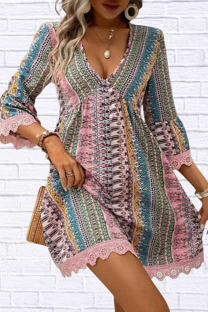 Lace Trim Printed V-Neck 3/4 Sleeve Dress