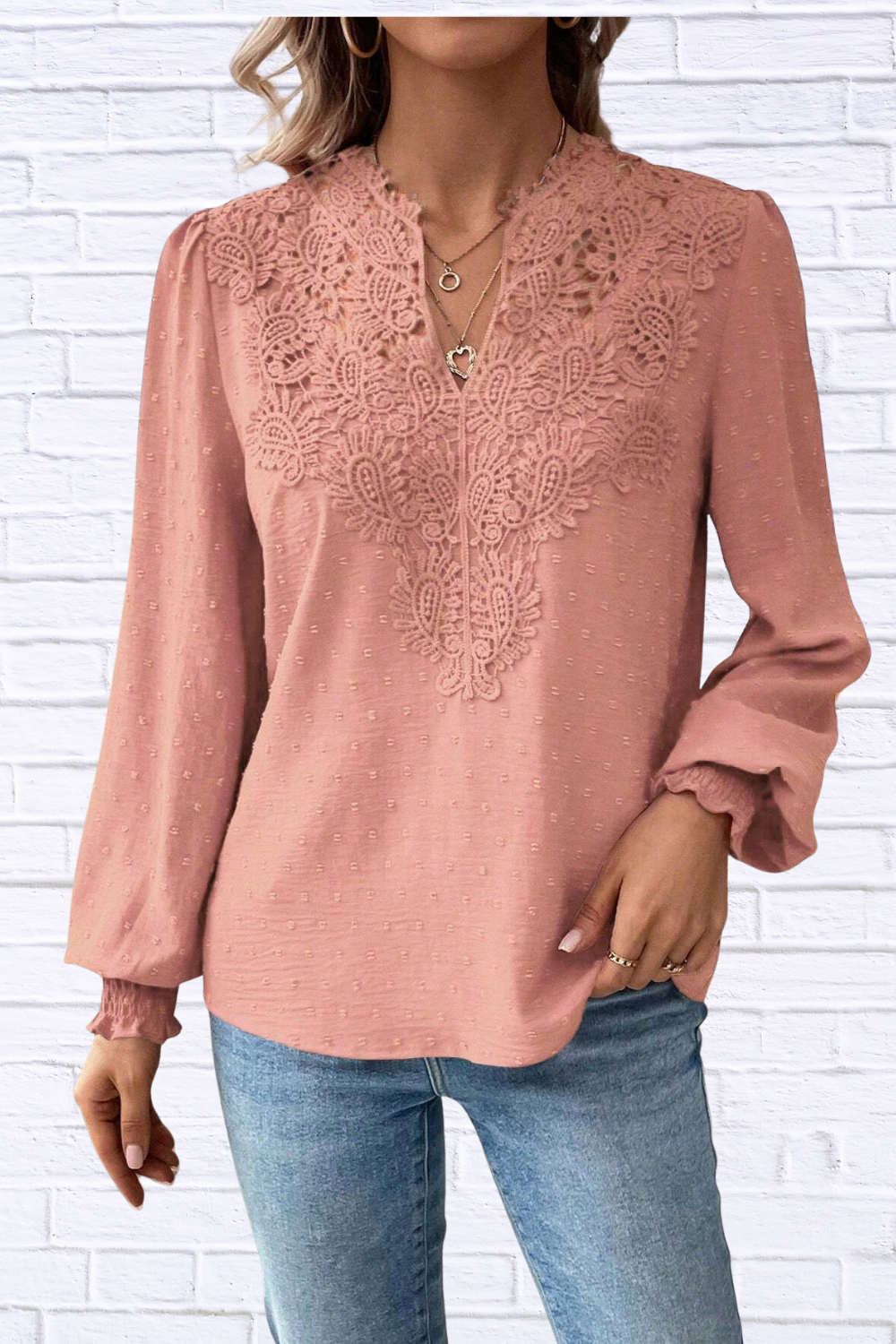 Swiss Dot Lace Detail Long Sleeve Blouse
