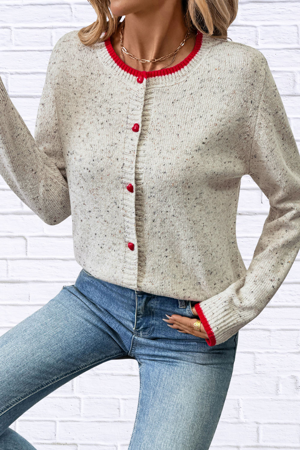 Contrast Trim Button Up Long Sleeve Cardigan