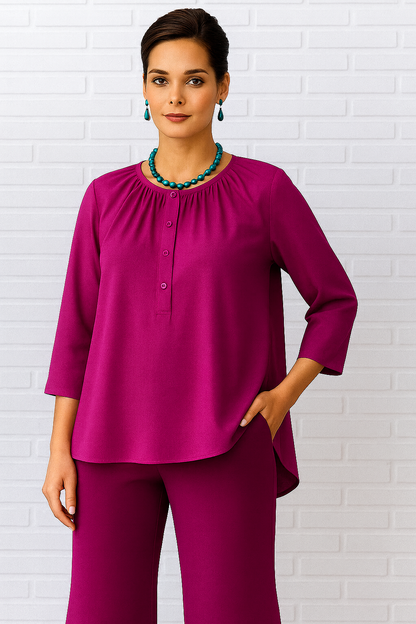 Diva USA Round Neck Button Up Three Quarter Sleeve Knit Top