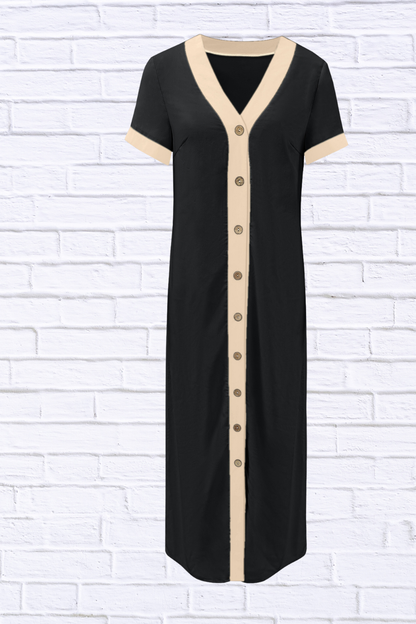 Button-Front Contrast Trim Midi Dress
