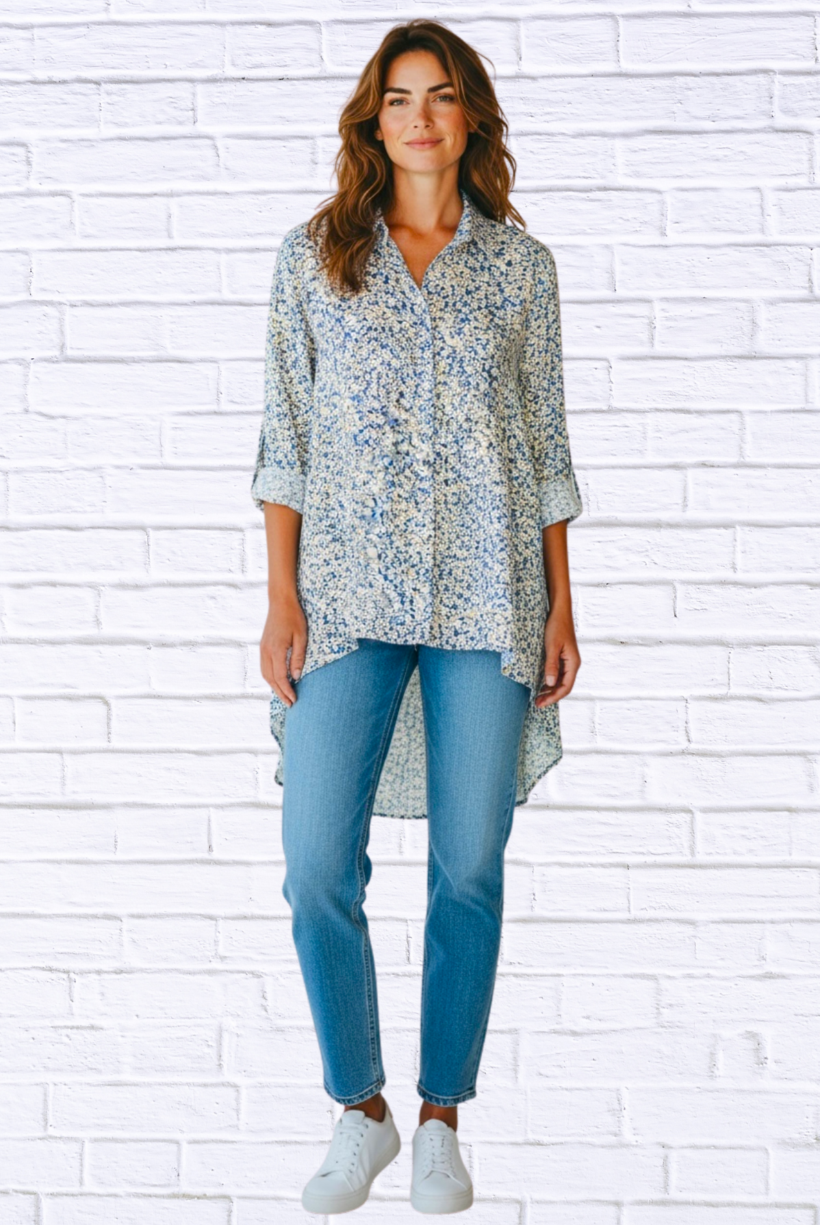 Soft Blue Floral Viscose High-Low Shirt – Button-Up Collared Long Sleeve Tunic Top