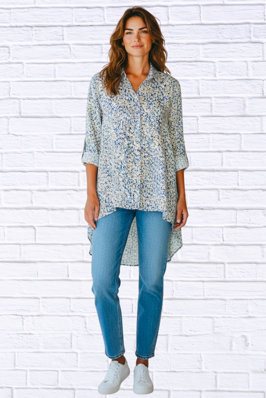 Soft Blue Floral Viscose High-Low Shirt – Button-Up Collared Long Sleeve Tunic Top