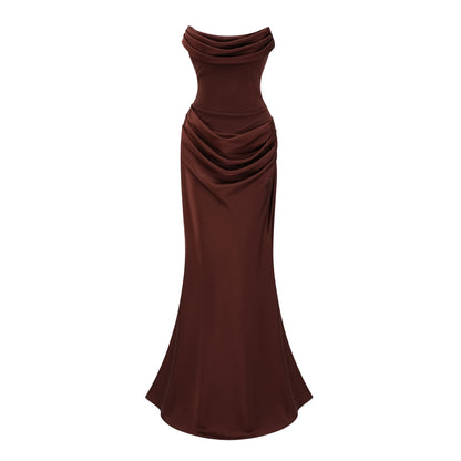 Vedette Brown Ruched Corset Maxi Dress