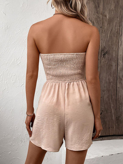 Blue Zone Planet | Decorative Button Smocked Strapless Romper