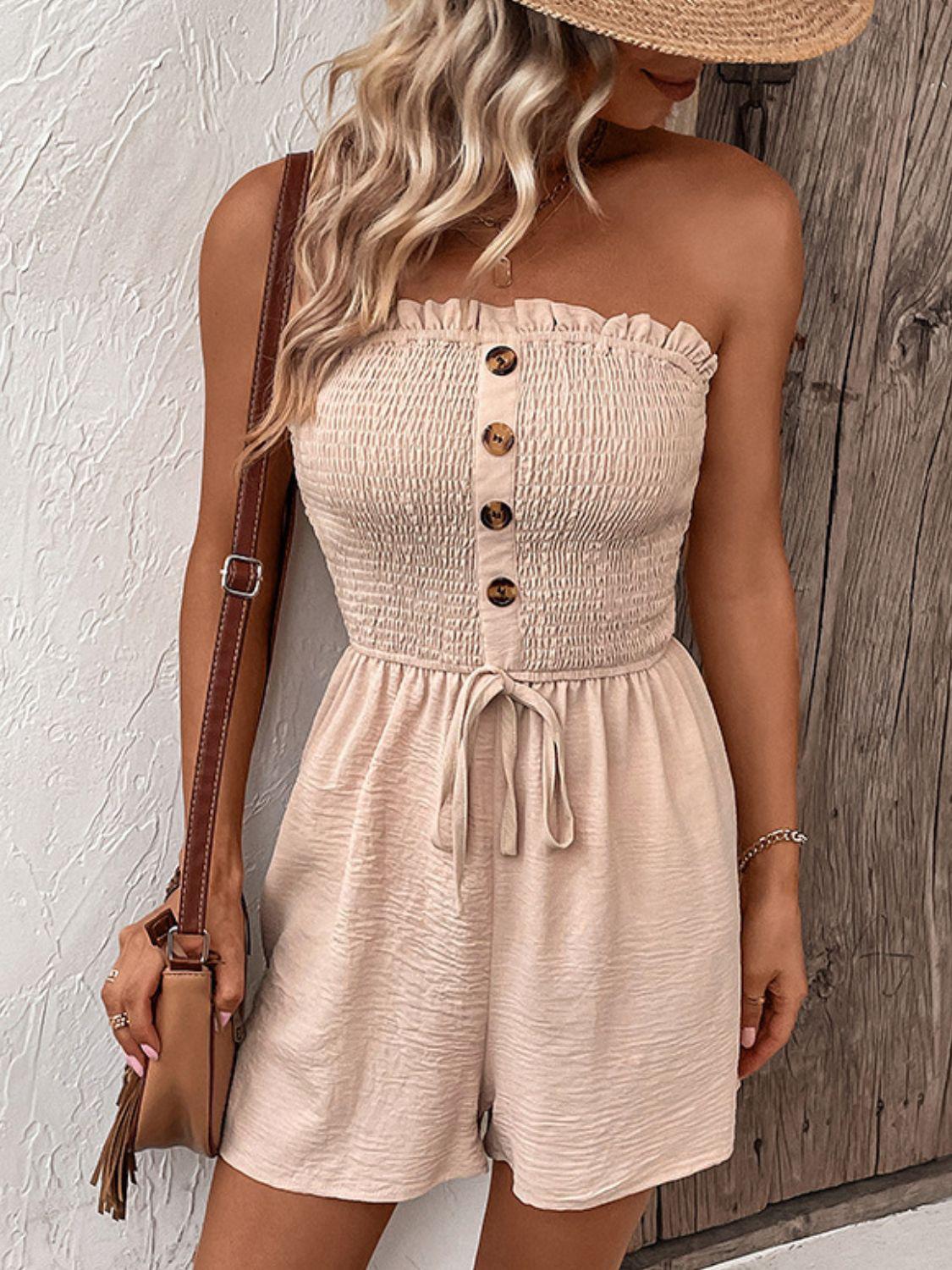Blue Zone Planet | Decorative Button Smocked Strapless Romper