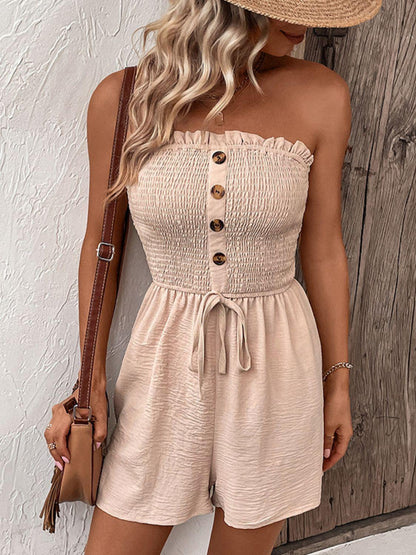 Blue Zone Planet | Decorative Button Smocked Strapless Romper