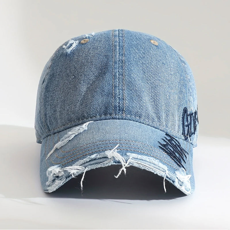 Distressed Denim Baseball Cap with Never Give Up Embroidery