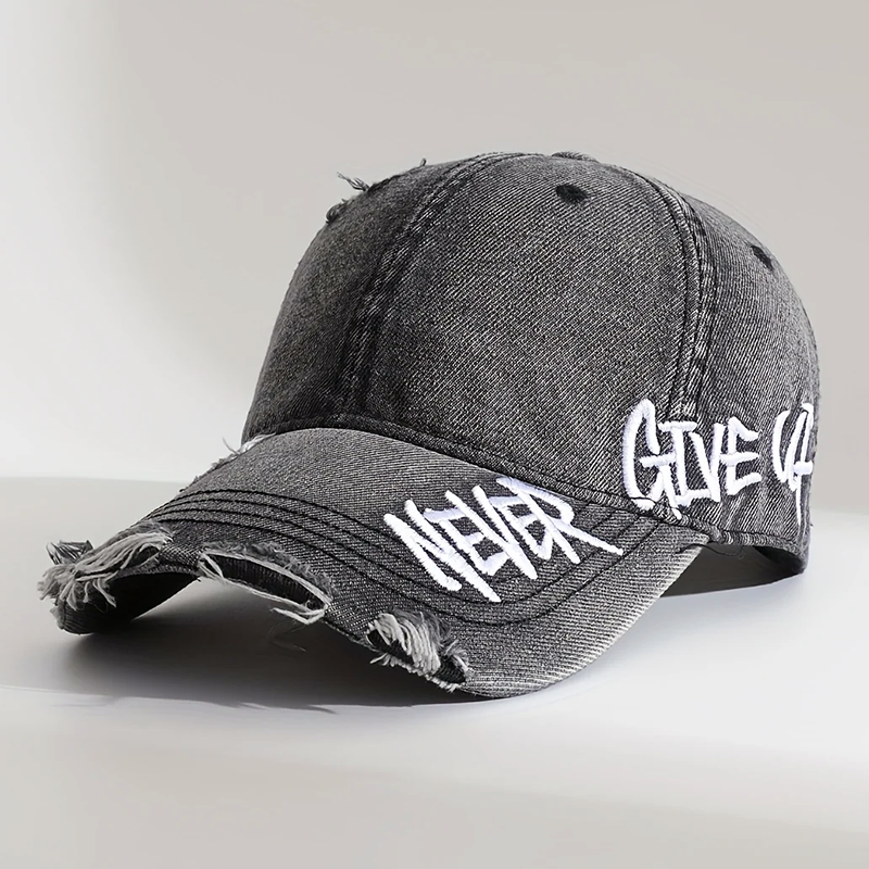 Distressed Denim Baseball Cap with Never Give Up Embroidery
