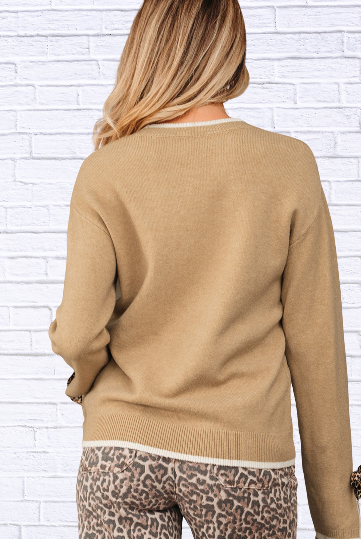 Leopard Bow Decor Split Cuff Contrast Trim Sweater