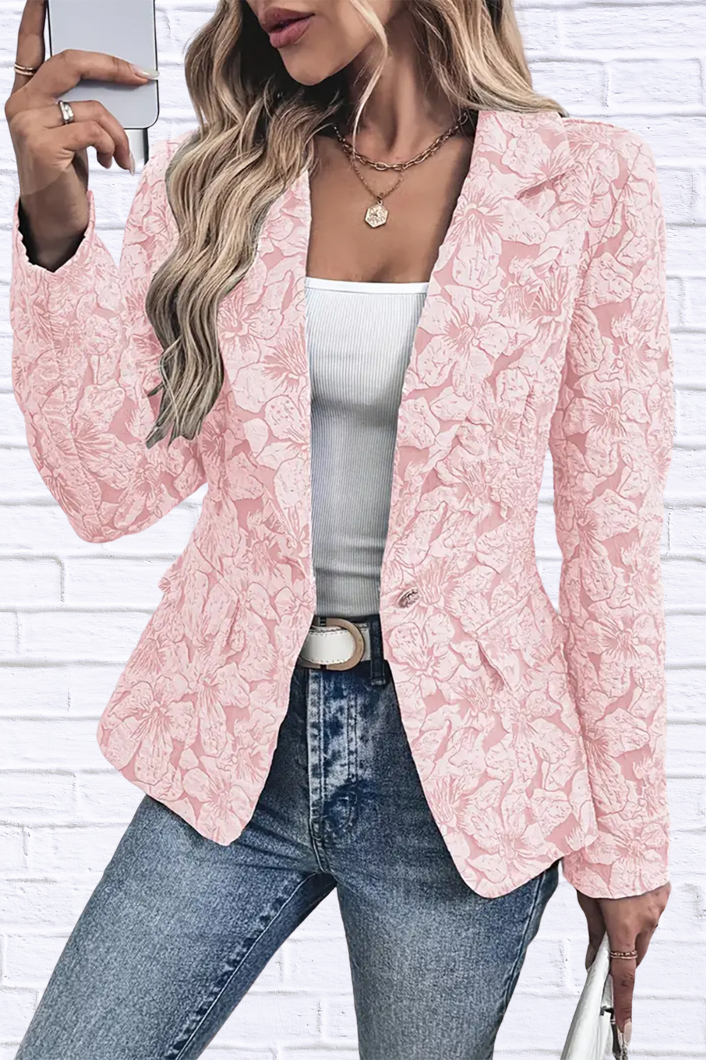 Floral Print Single Button Blazer with Pockets
