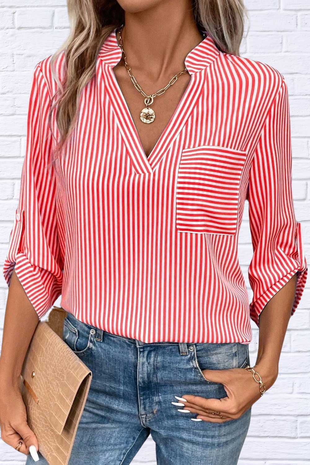 Striped Notched Roll-Tab Sleeve Shirt