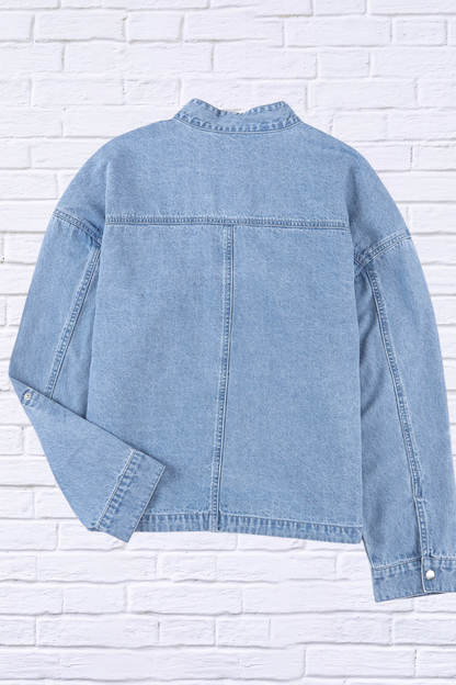 Drawstring Snap Down Denim Jacket with Chest Pockets