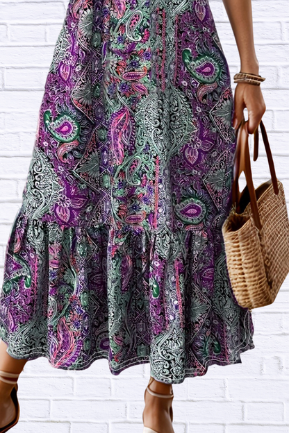 Bohemian Paisley Print Ruffle Hem Midi Dress