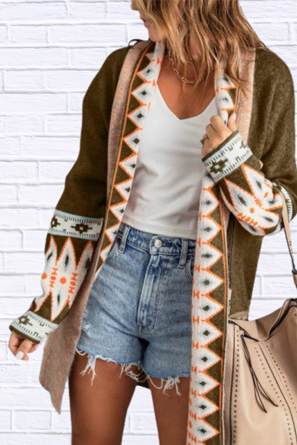 Aztec Print Open Front Knitted Cardigan