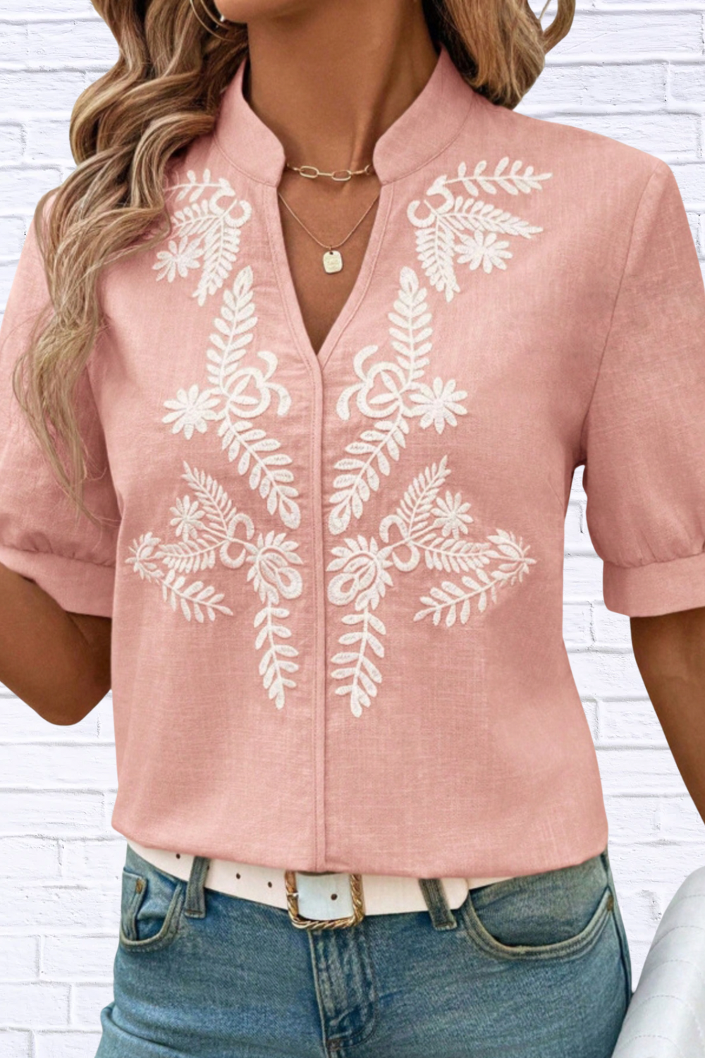 Embroidered Notched Neck Blouse for Women | Black Short Sleeve Floral