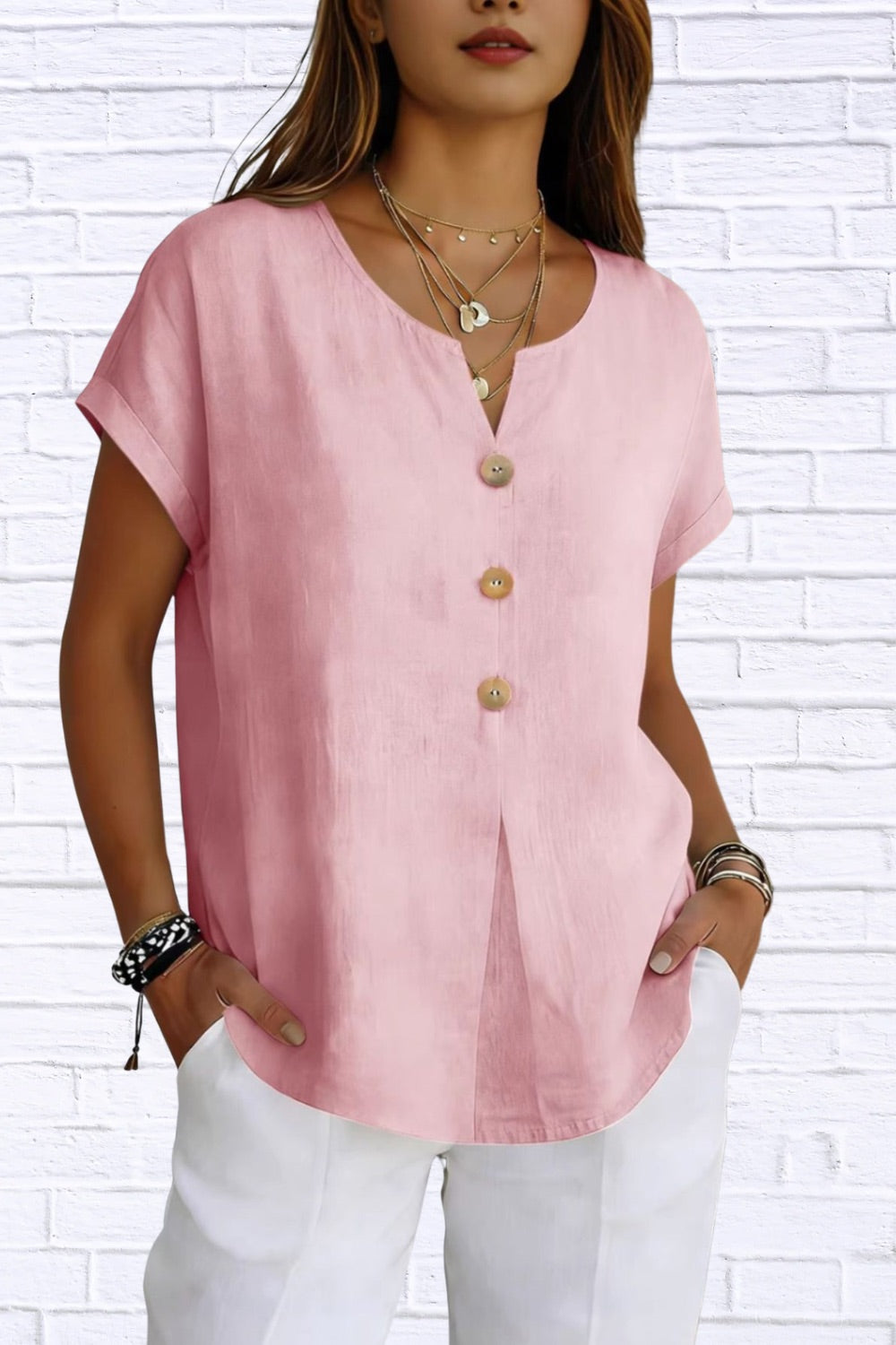 Decor Button Short Sleeve Blouse | Elegant Women’s Top