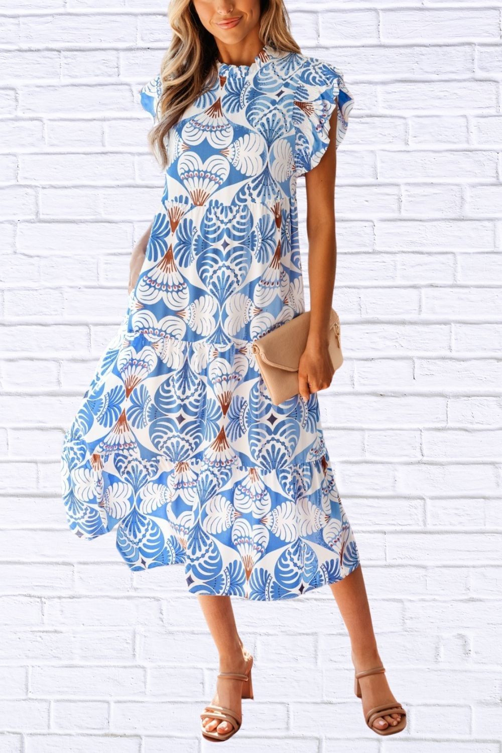 Tropical Botanic Print Flutter Sleeve Vacation Dress for Women