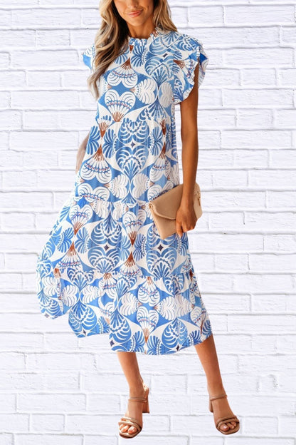 Tropical Botanic Print Flutter Sleeve Vacation Dress for Women