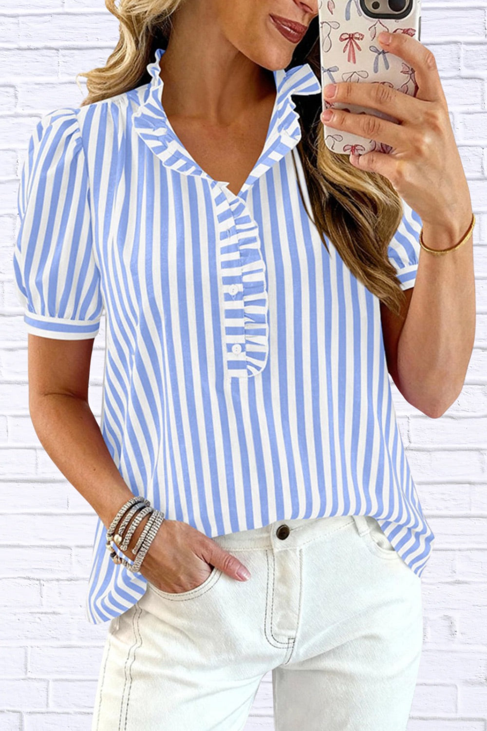Frill Striped Puff Sleeve Blouse | Chic Women’s Top
