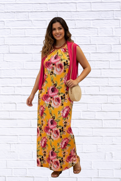 Demi Column Maxi Dress - Tangerine/Cerise Pink / Animal Combo