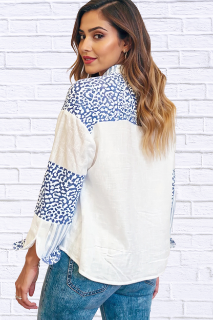 Patchwork Button Down Shirt with Leopard Print Details