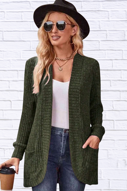 Ribbed Open Front Long Cardigan with Pockets