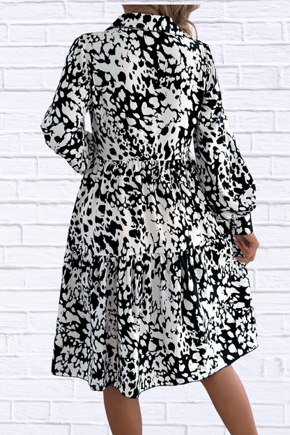 Printed Collared Neck Buttoned Tiered Long Sleeve Dress