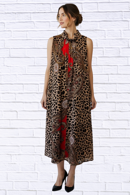 Animal and Paisley Print Sleeveless Maxi Dress – High Neck Bow Detail Flowy Woven Dress