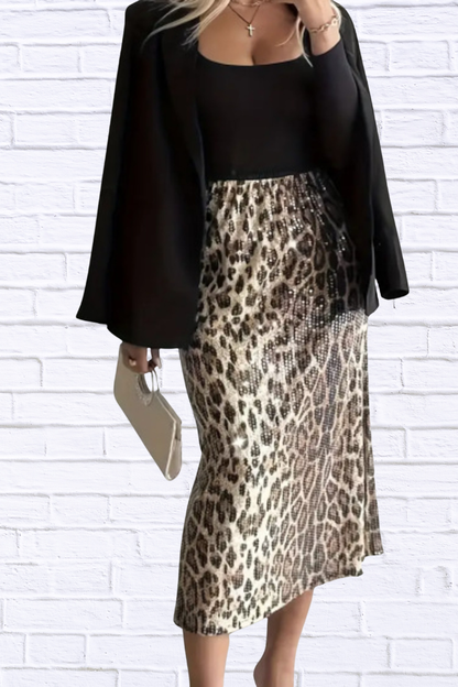 Sequin Leopard Midi Skirt
