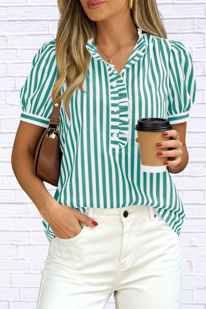 Frill Striped Puff Sleeve Blouse | Chic Women’s Top
