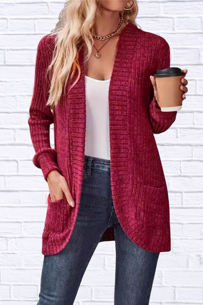 Ribbed Open Front Long Cardigan with Pockets