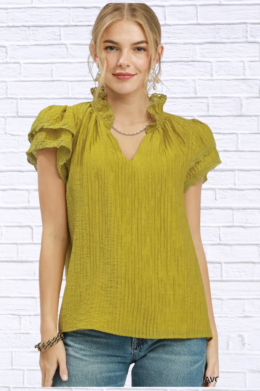 Umgee Lace Trim Ruffle Top for Women – Avocado