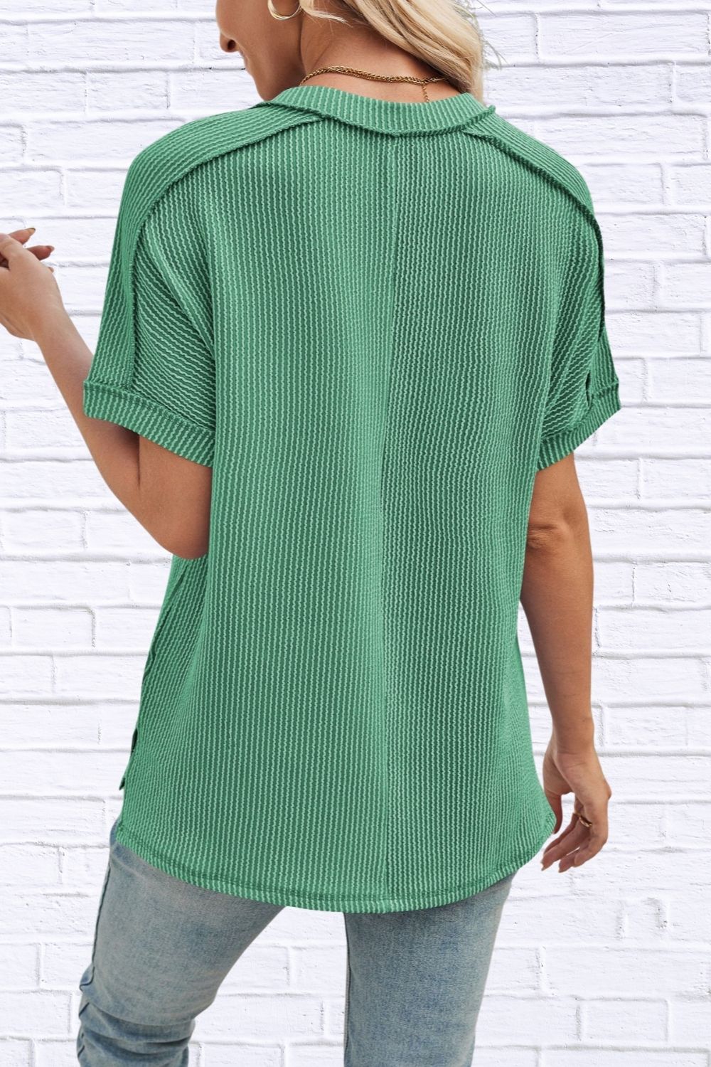 Cord Ribbed V-Neck Short Sleeve T-Shirt for Women