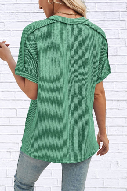 Cord Ribbed V-Neck Short Sleeve T-Shirt for Women